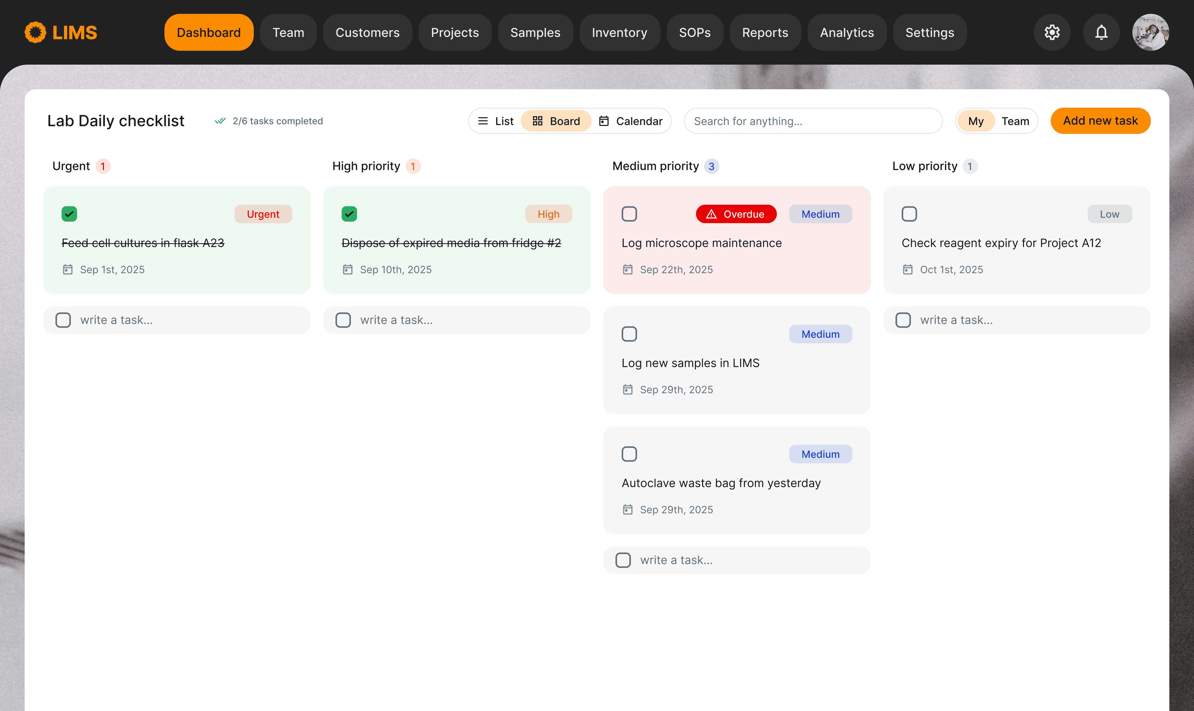 Lab Daily Checklist: from whiteboards and Outlook notes to in-LIMS feature