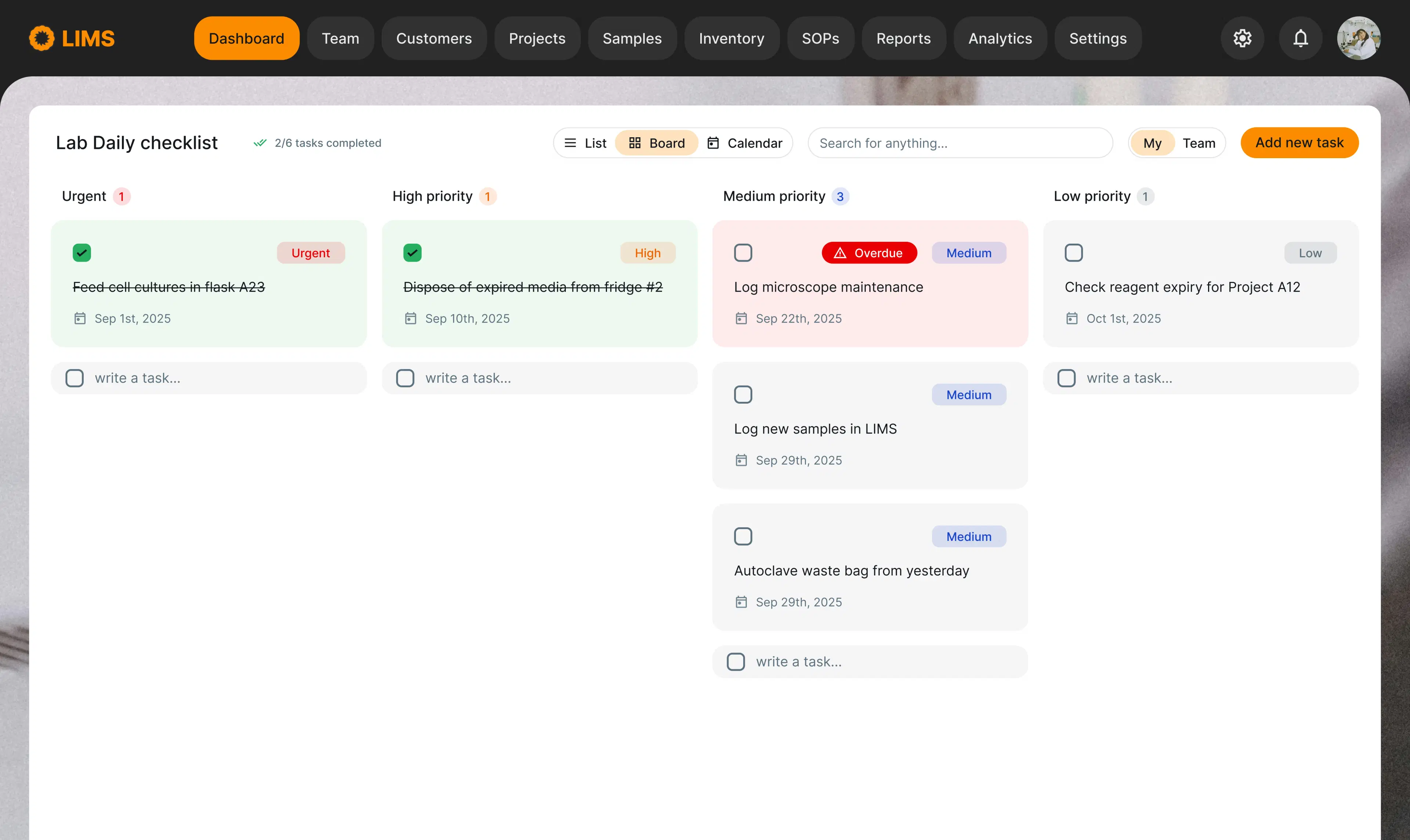 Lab Daily Checklist: from whiteboards and Outlook notes to in-LIMS feature
