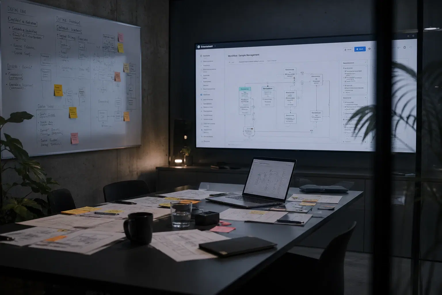 Team reviewing a workflow diagram on a screen in a meeting room
