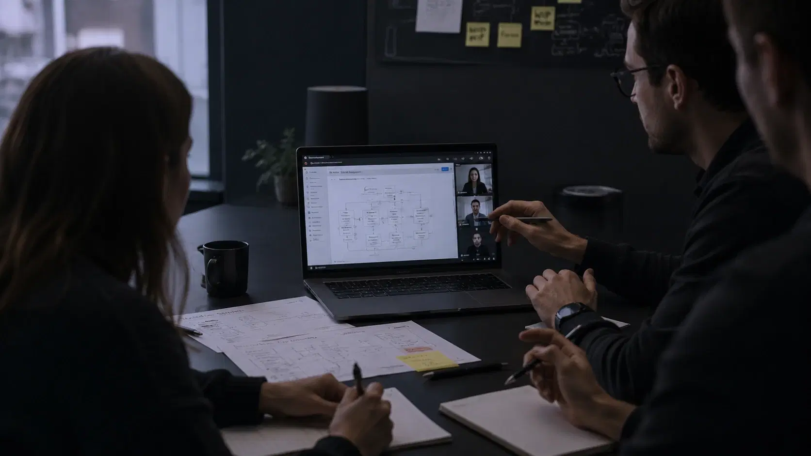 Team collaborating over a laptop showing a workflow diagram on a video call