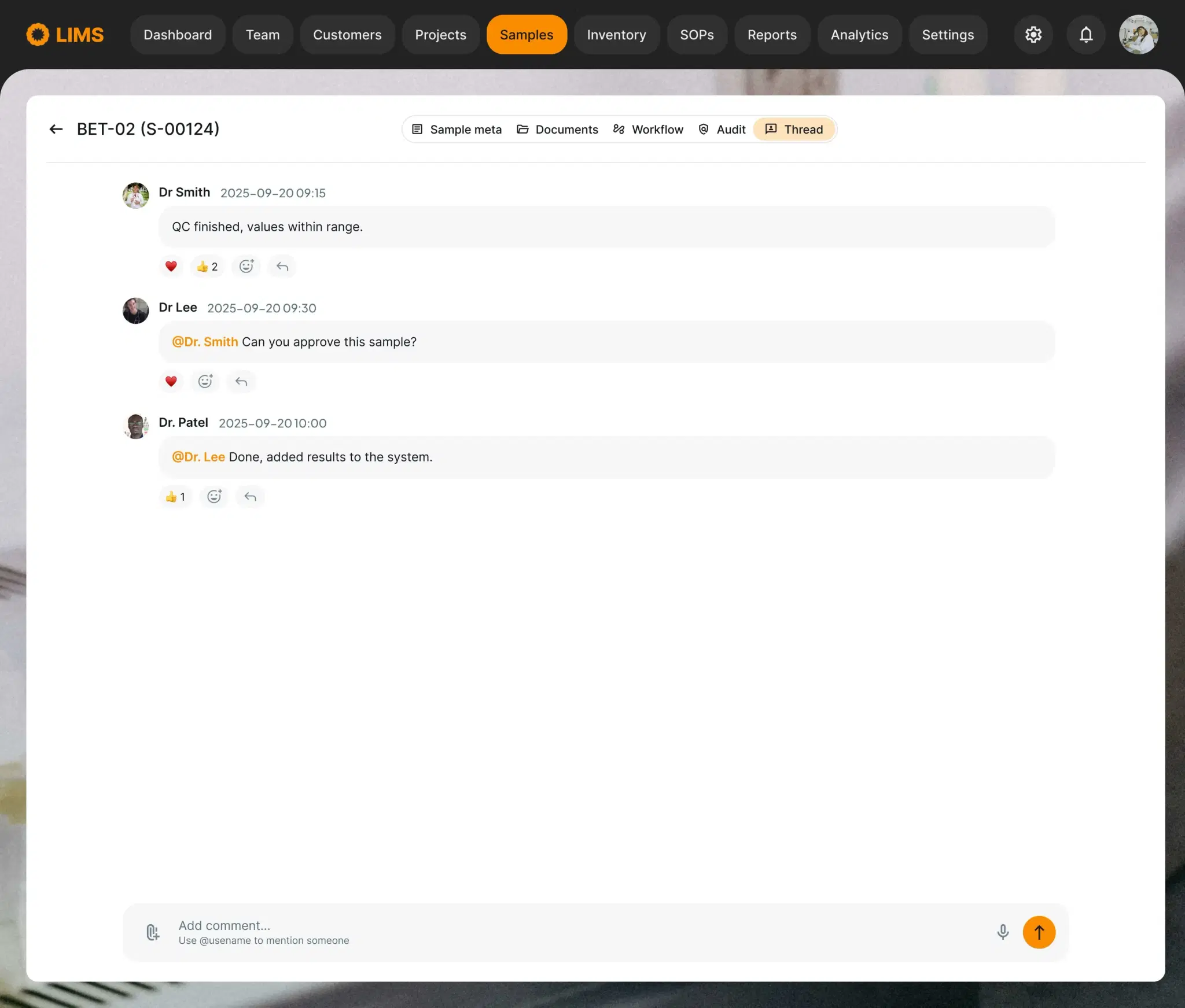 Contextual chat message with an @mention of a team member