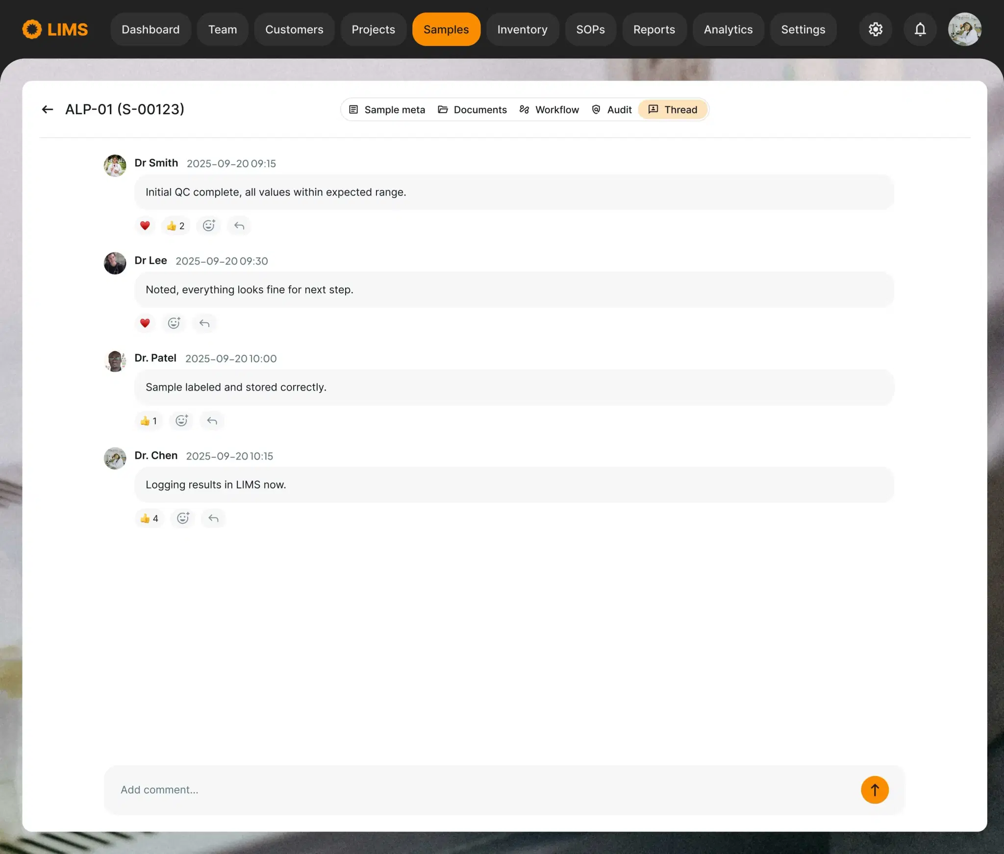 Contextual chat thread attached to a sample record in the LIMS