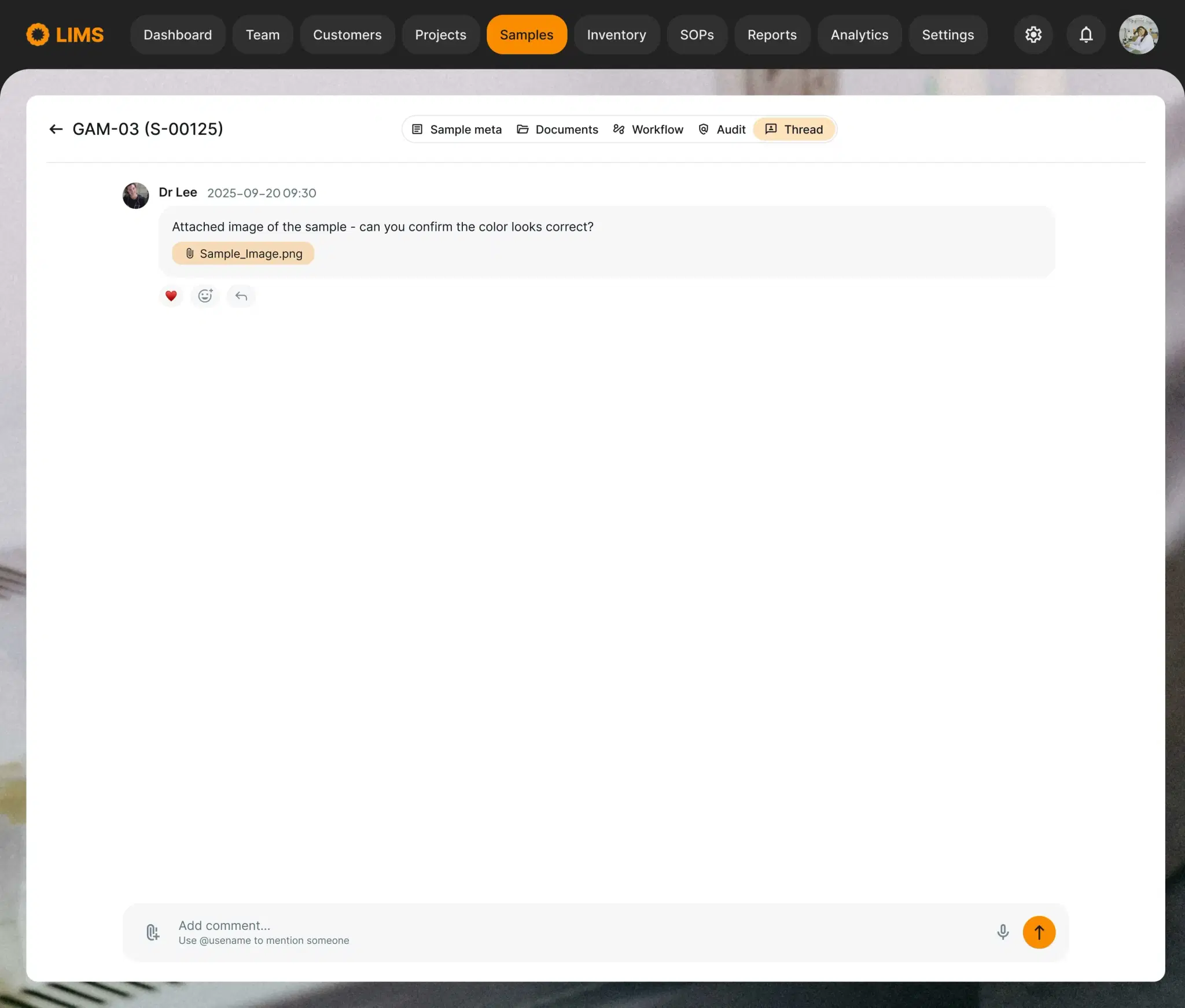 File and image attachments in a contextual chat thread on a LIMS record
