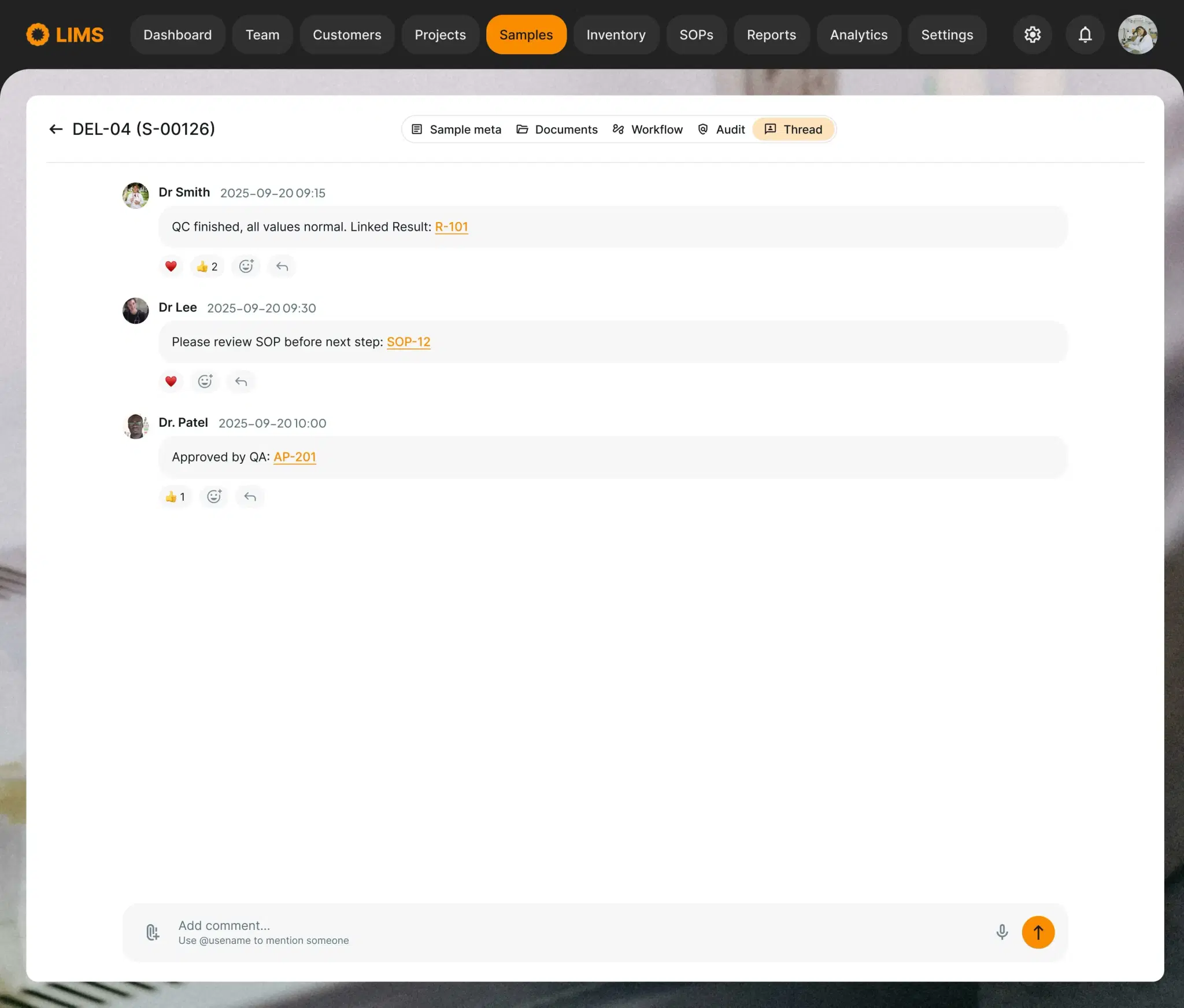 Chat message with inline links to related LIMS records such as QC results and SOPs