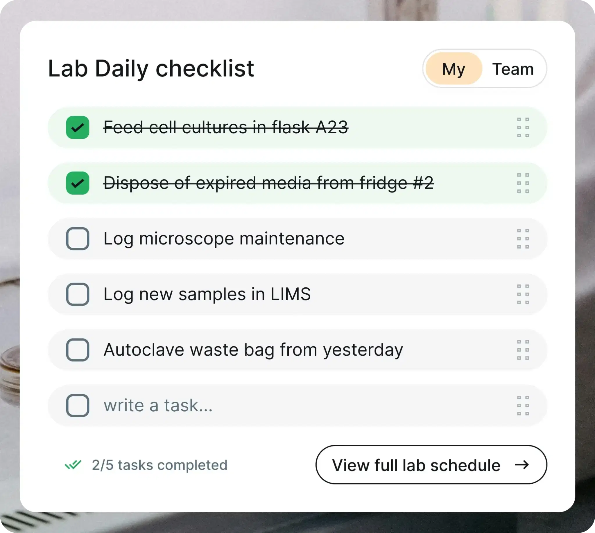 Daily checklist widget in the LIMS, second of two screenshots
