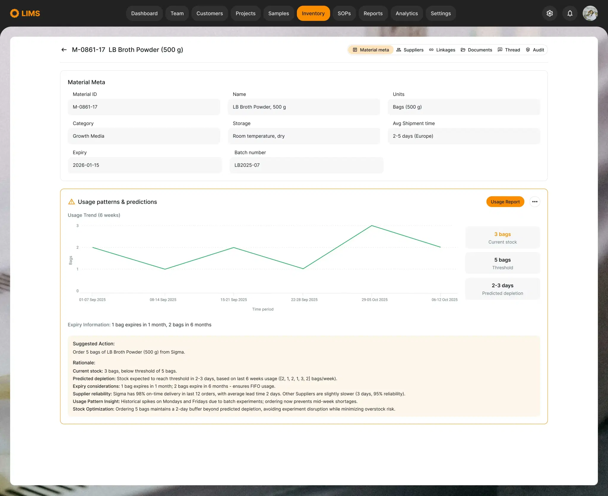 Smart inventory screen for normal stock monitoring, with a reorder suggestion for LB Broth Powder