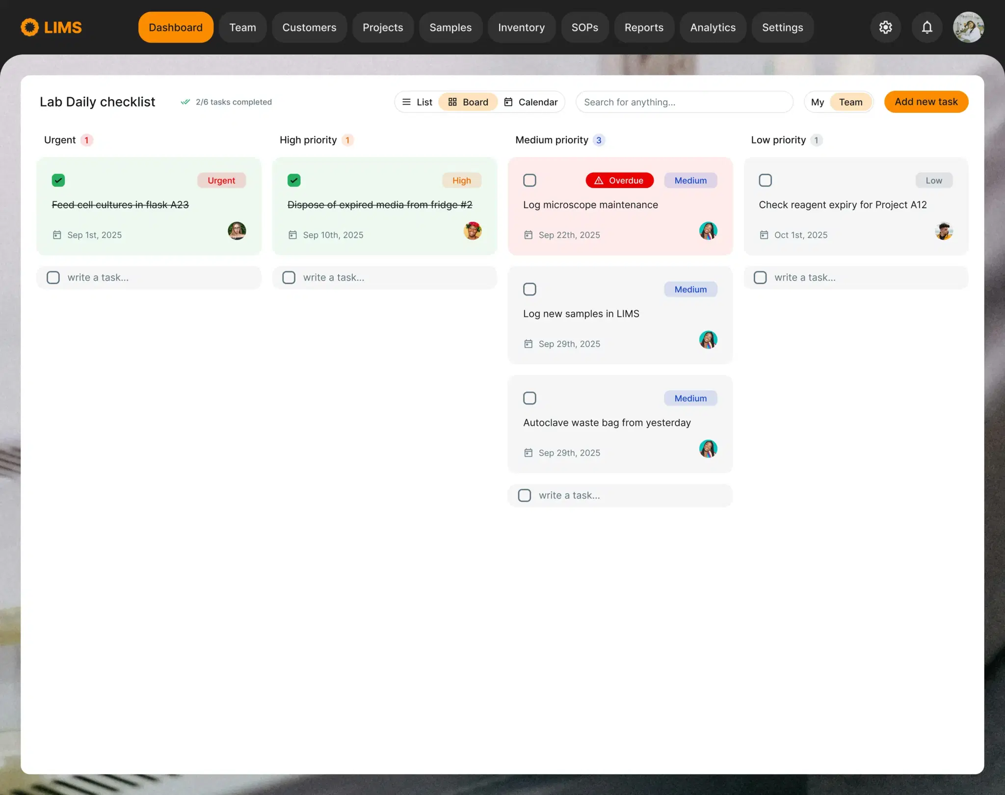 Kanban board moving lab tasks across stages