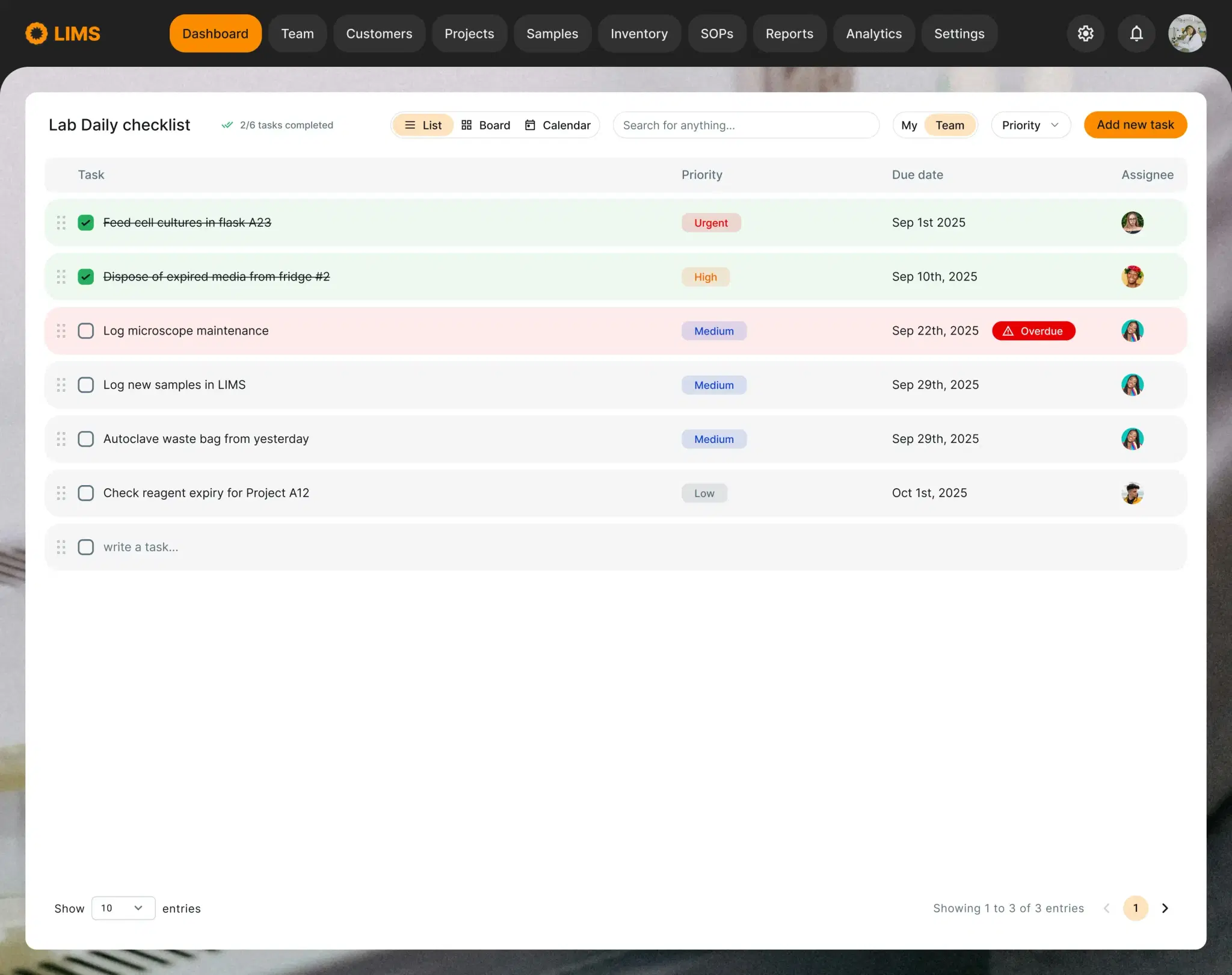 Grid view of all lab tasks, sortable and filterable