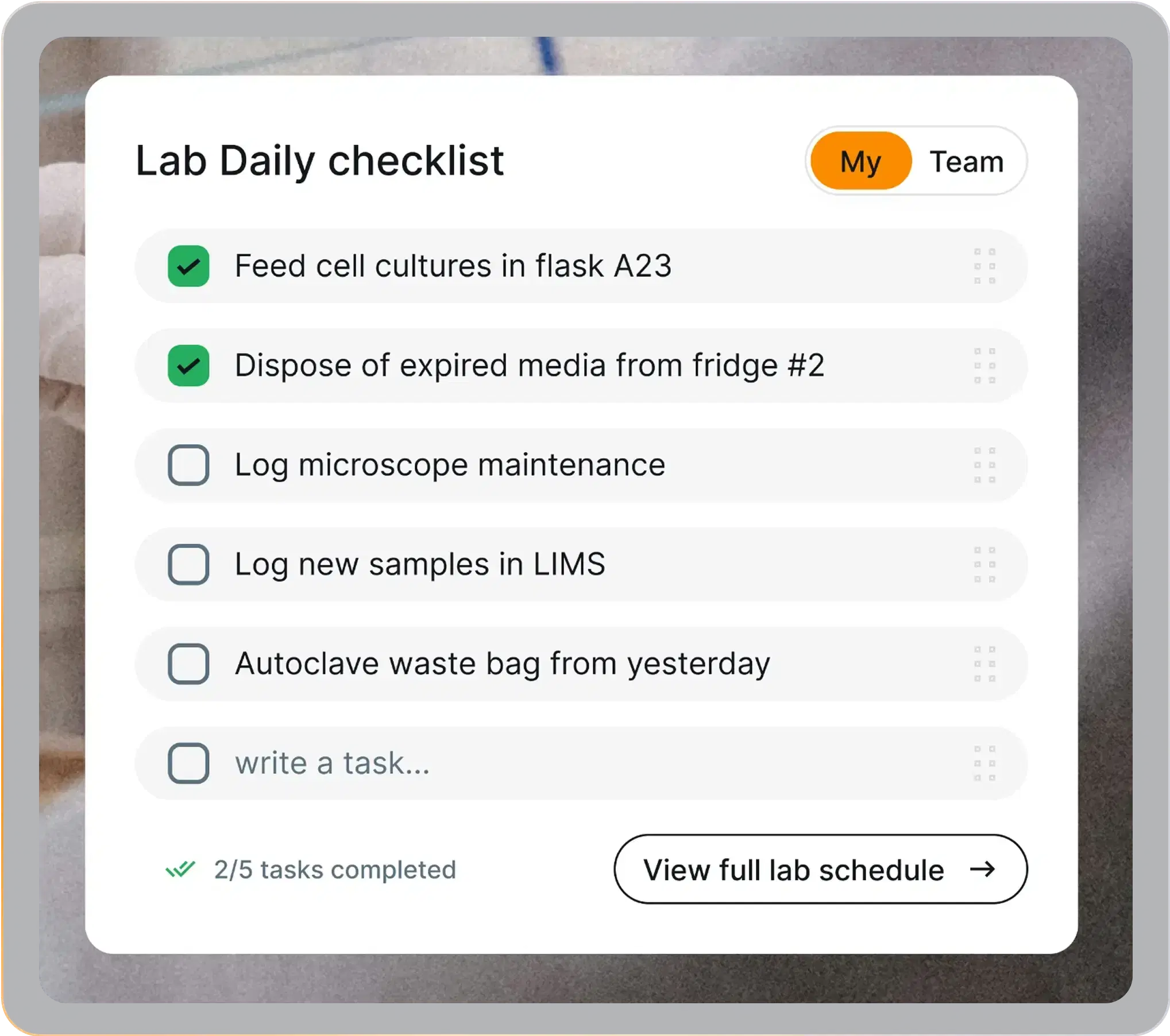 Personal tasks widget with a daily checklist on the LIMS dashboard