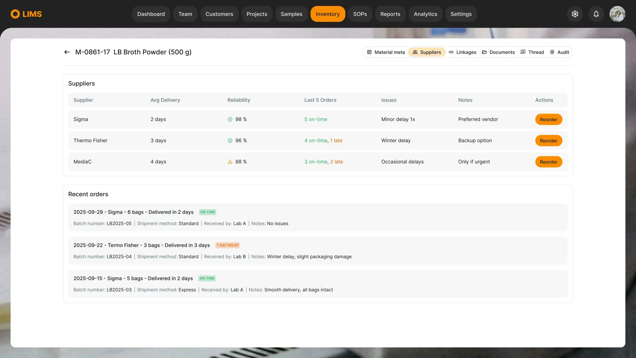 Supplier history screen comparing delivery times and on-time rates for two suppliers