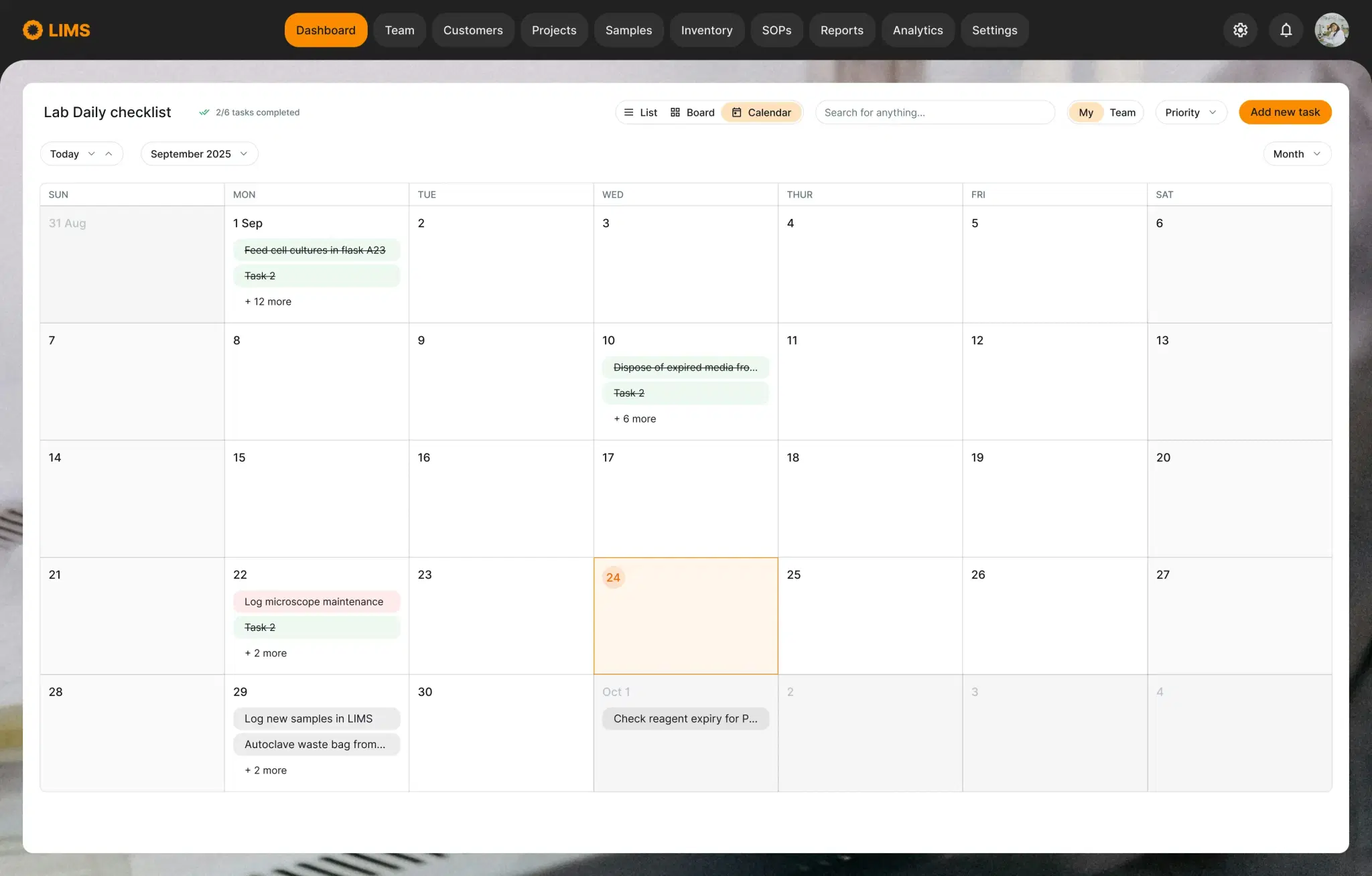 Tasks calendar with scheduled lab chores, experiments and reminders