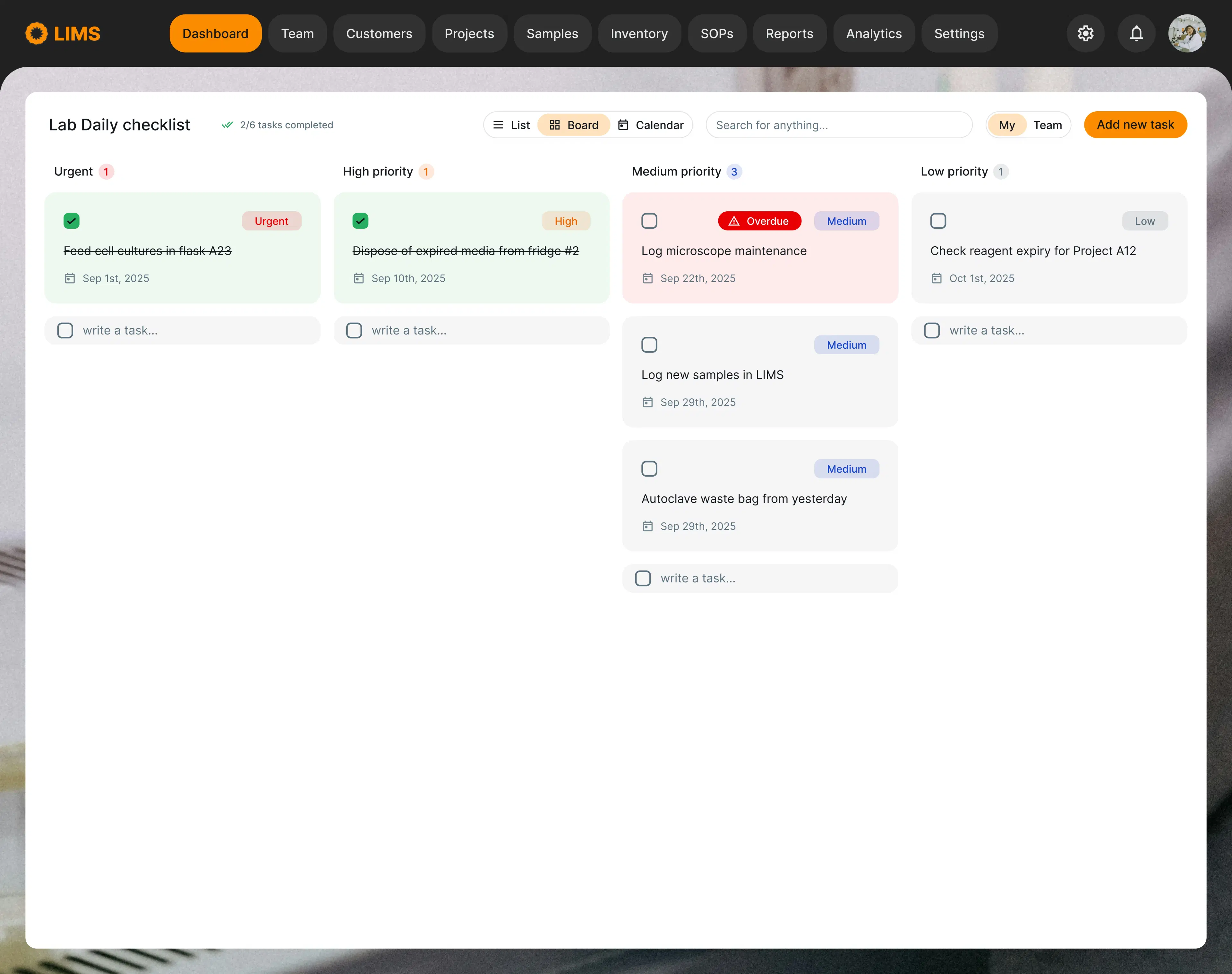 Lab Daily Checklist: from whiteboards and Outlook notes to in-LIMS feature